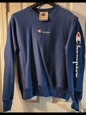 Champion Reverse Weave Men's Blue Crewneck Sweatshirt with Sleeve Logo